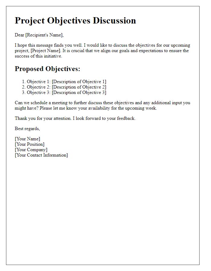 Letter template of project objectives discussion.