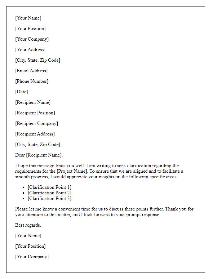 Letter template of project requirement clarification.