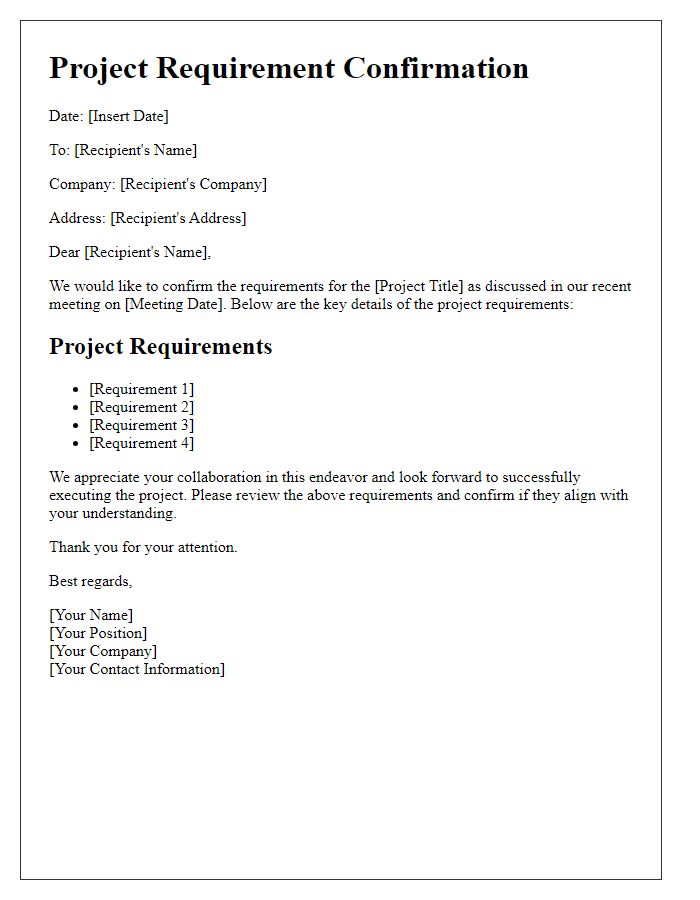 Letter template of project requirement confirmation.