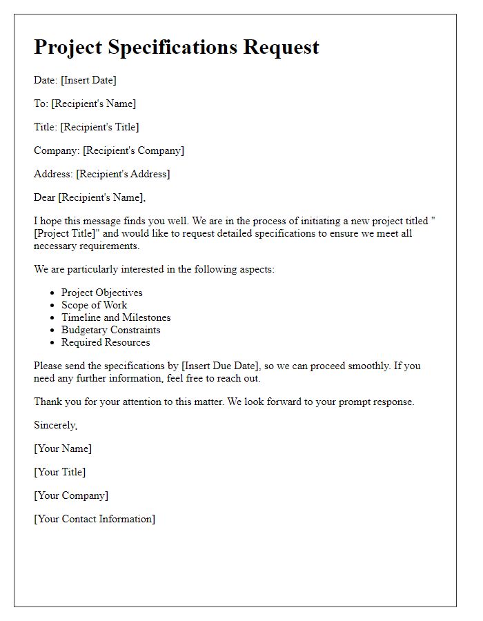 Letter template of project specifications request.