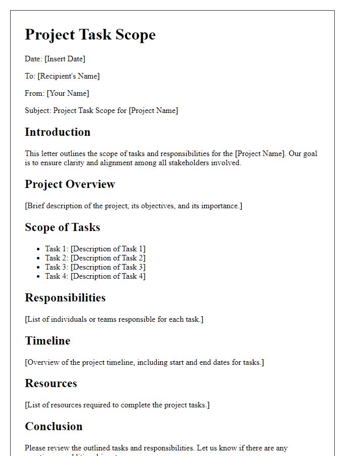 Letter template of project task scope