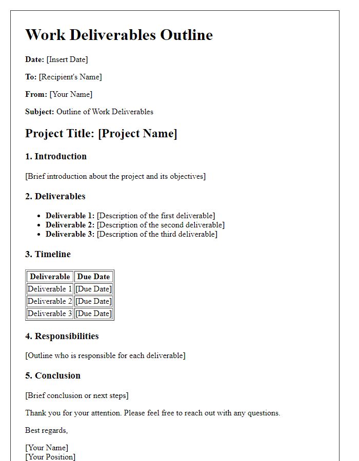 Letter template of work deliverables outline