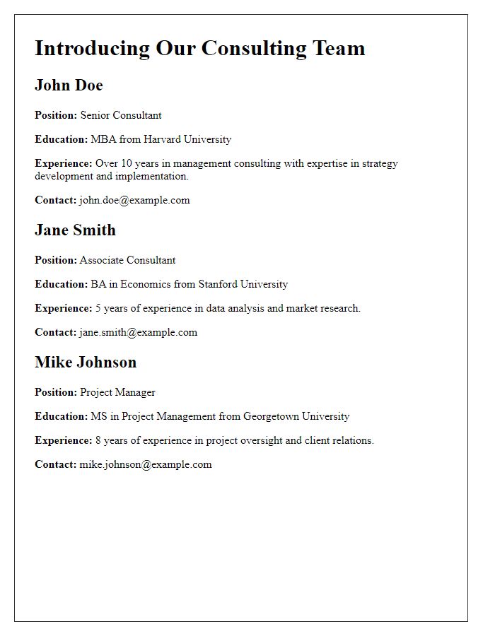 Letter template of consulting team member bios