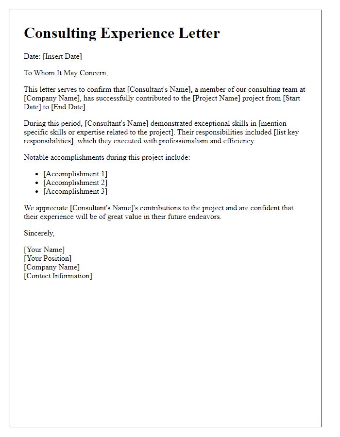 Letter template of consulting team project experience