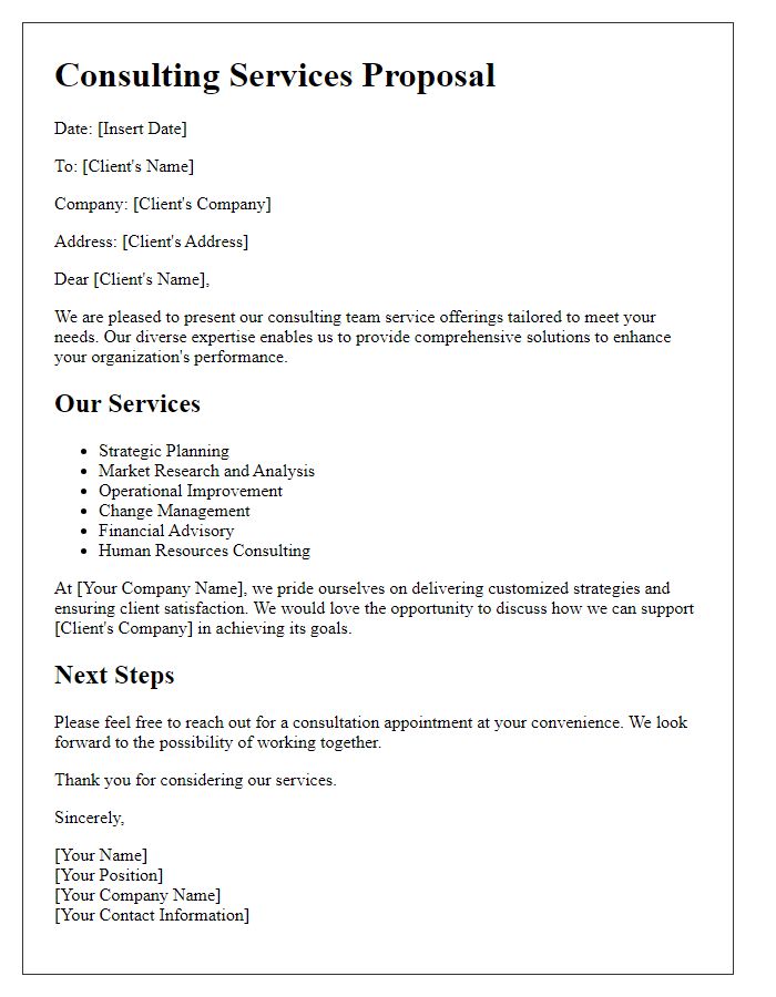 Letter template of consulting team service offerings