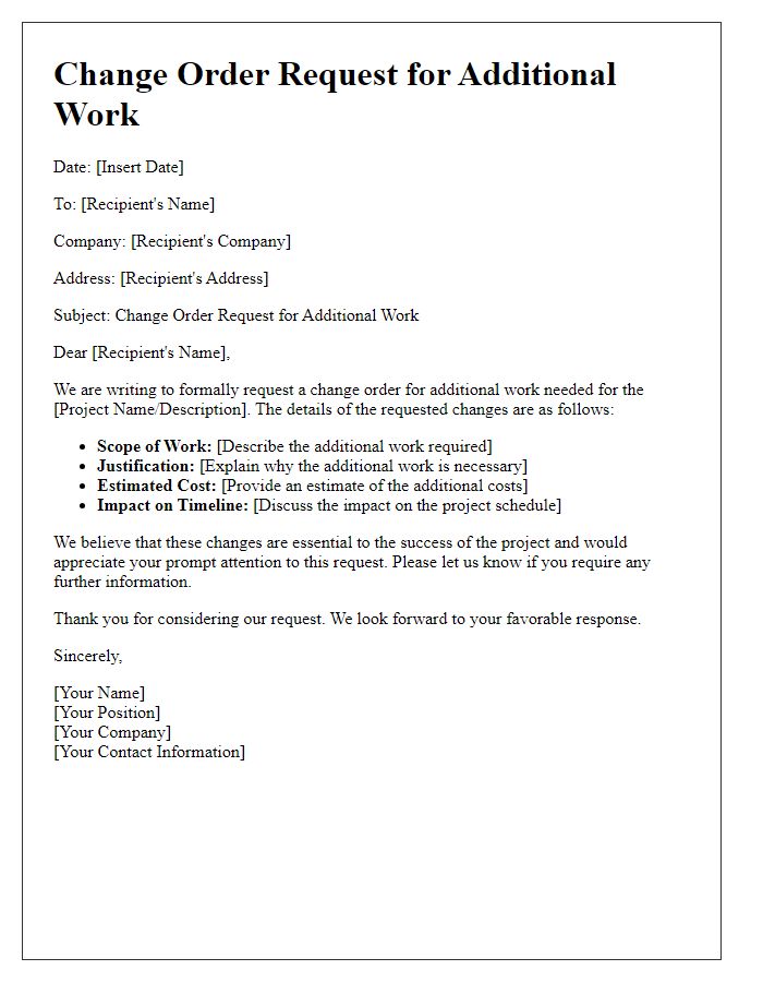 Letter template of change order request for additional work