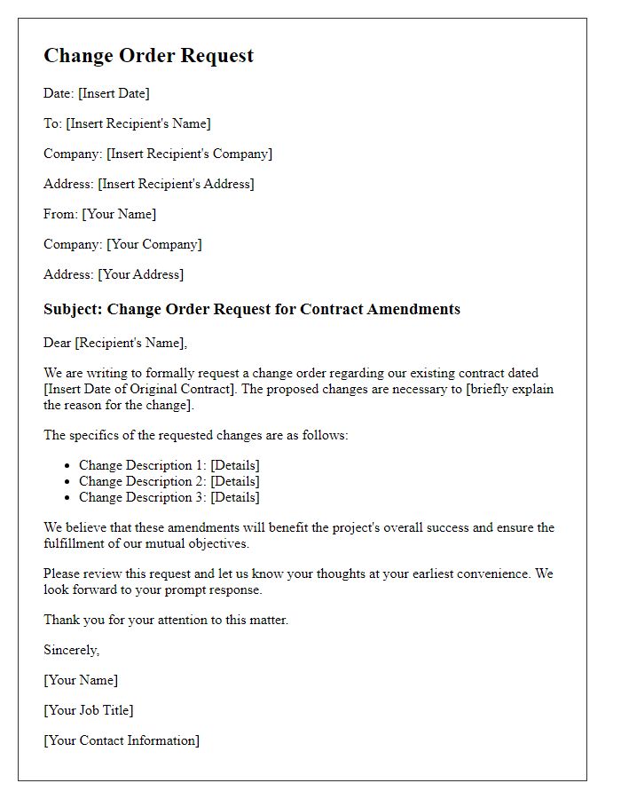 Letter template of change order request for contract amendments