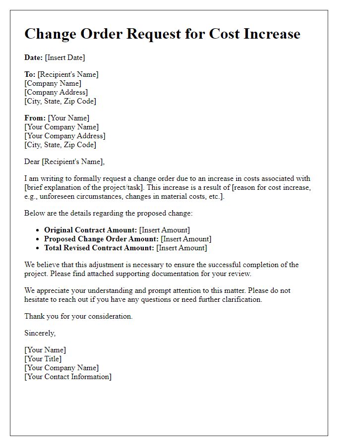 Letter template of change order request for cost increase