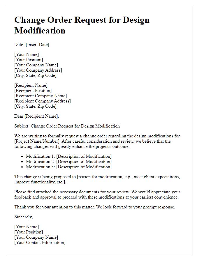 Letter template of change order request for design modification