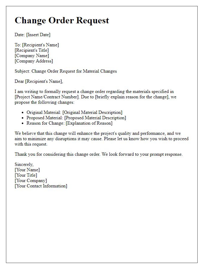 Letter template of change order request for material changes