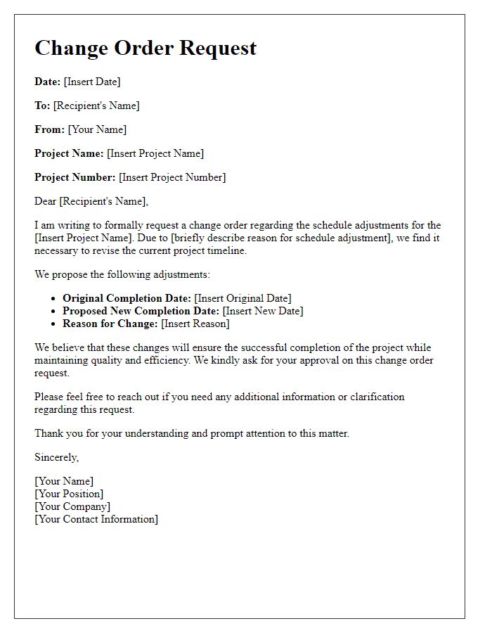 Letter template of change order request for schedule adjustment