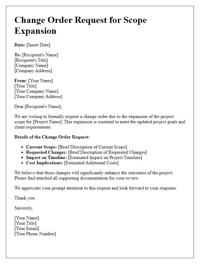 Letter template of change order request for scope expansion