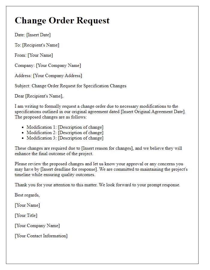 Letter template of change order request for specification changes