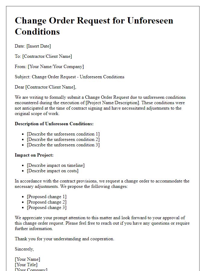 Letter template of change order request for unforeseen conditions