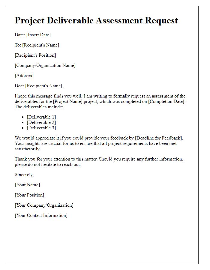 Letter template of project deliverable assessment request