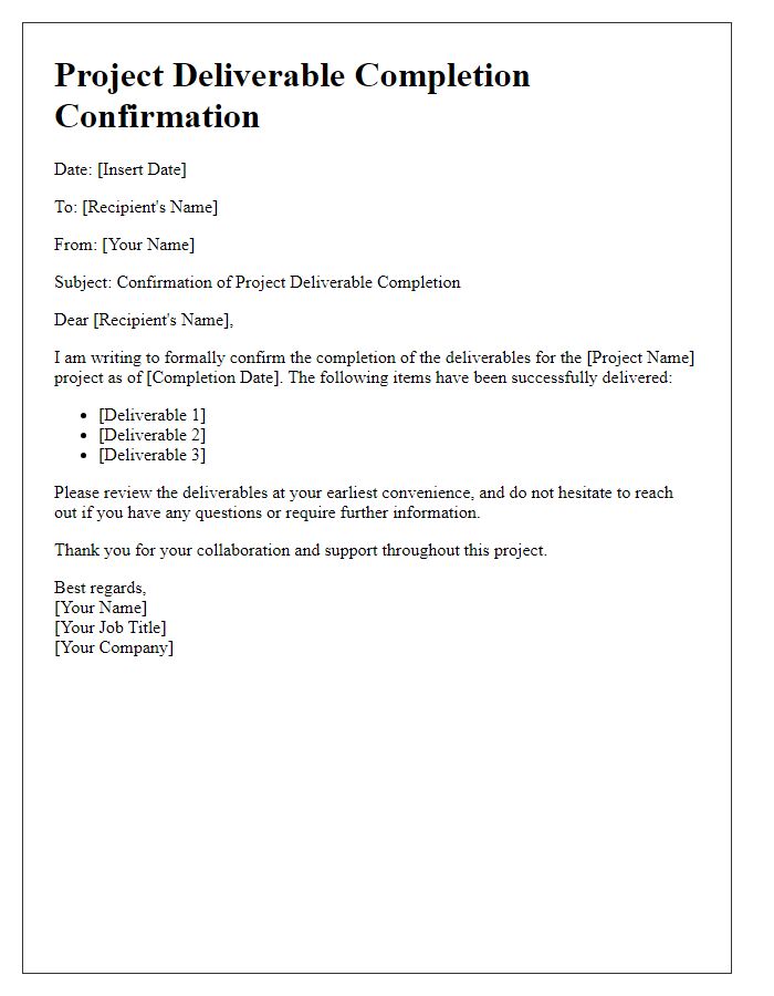 Letter template of project deliverable completion confirmation