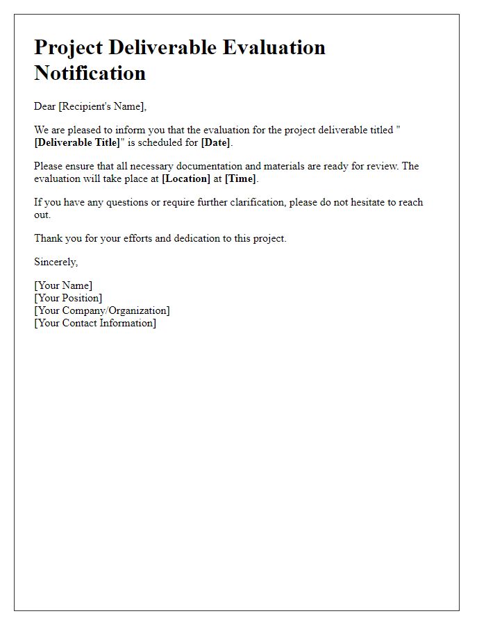 Letter template of project deliverable evaluation notification