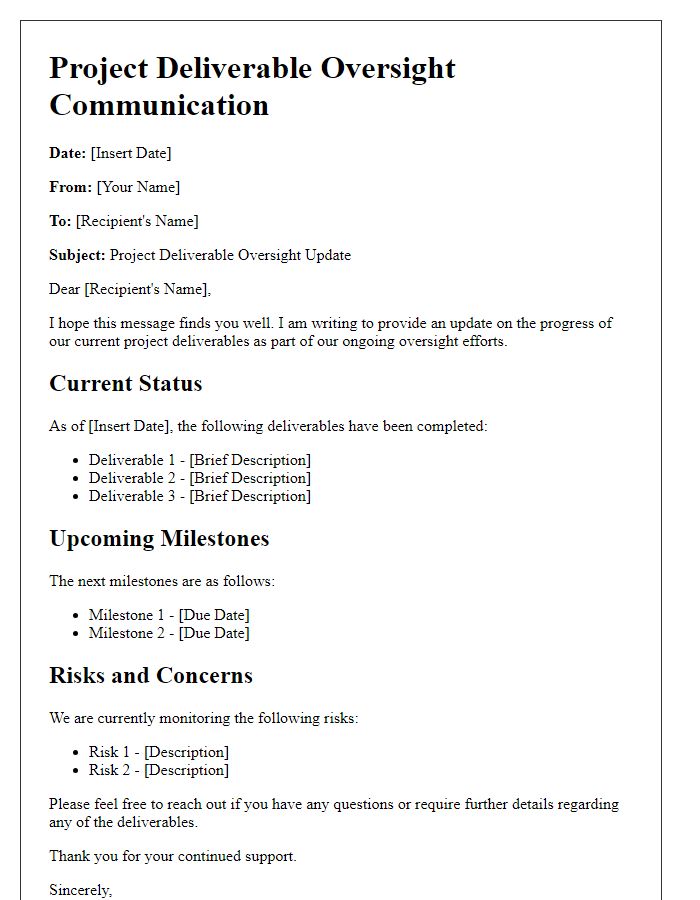 Letter template of project deliverable oversight communication