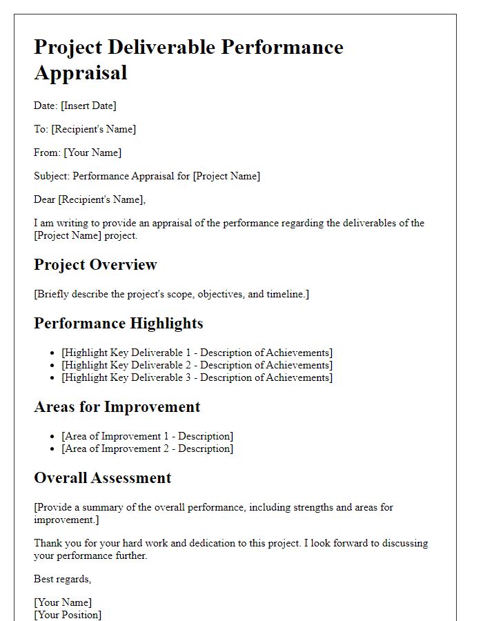 Letter template of project deliverable performance appraisal