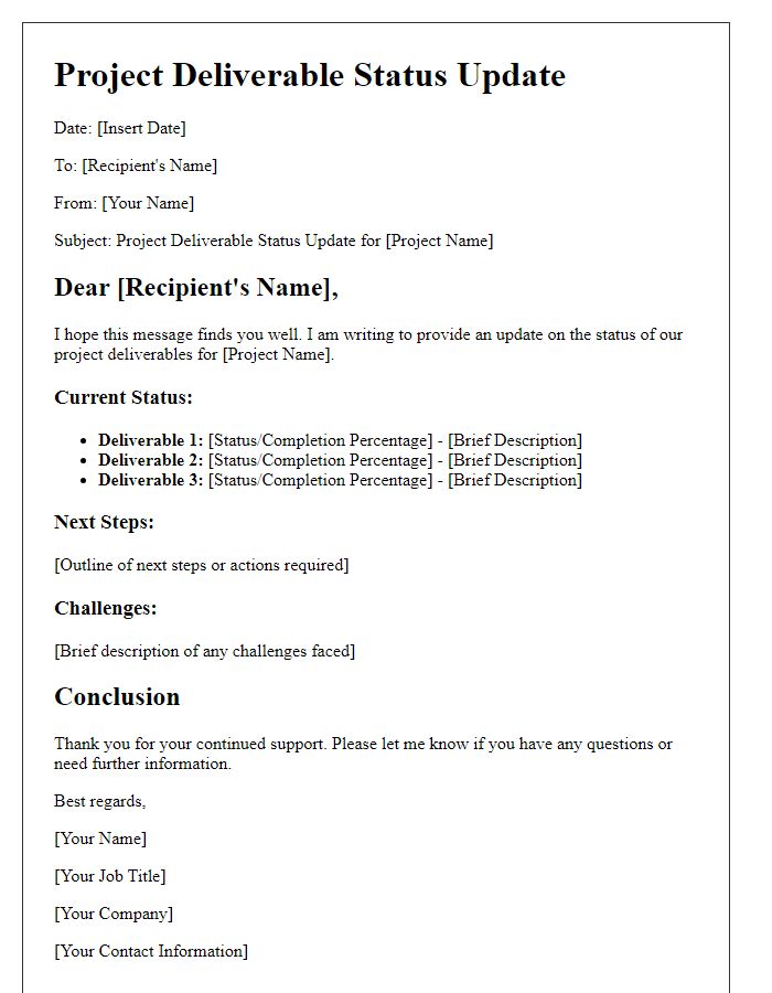 Letter template of project deliverable status update