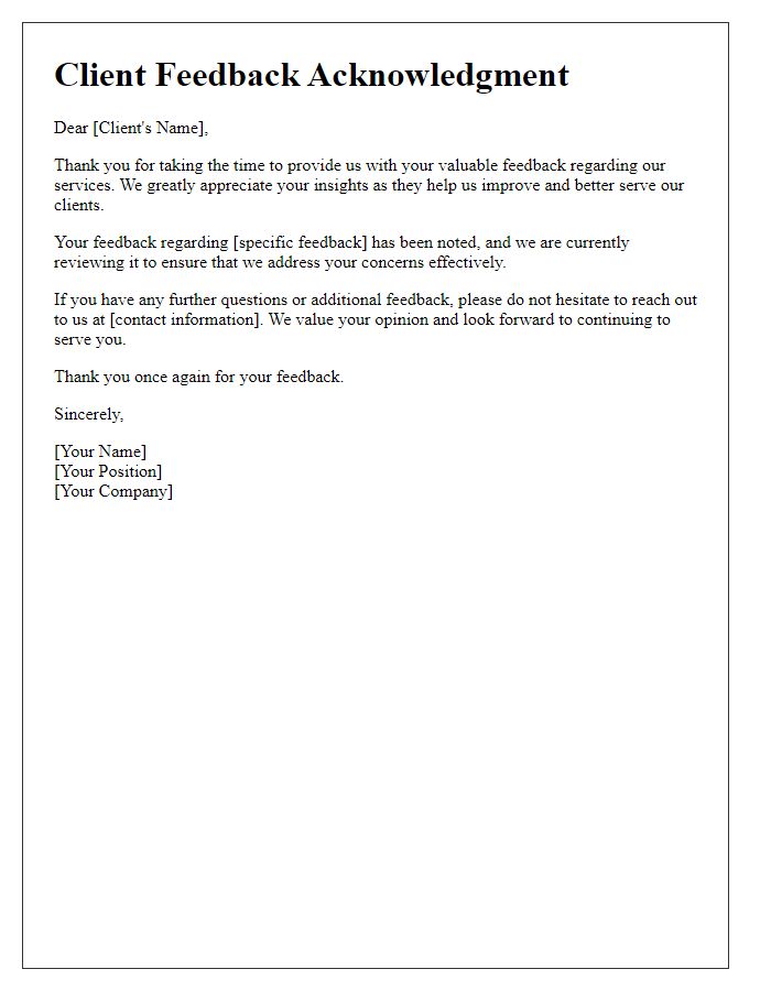 Letter template of Client Feedback Acknowledgment