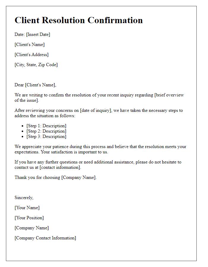 Letter template of Client Resolution Confirmation