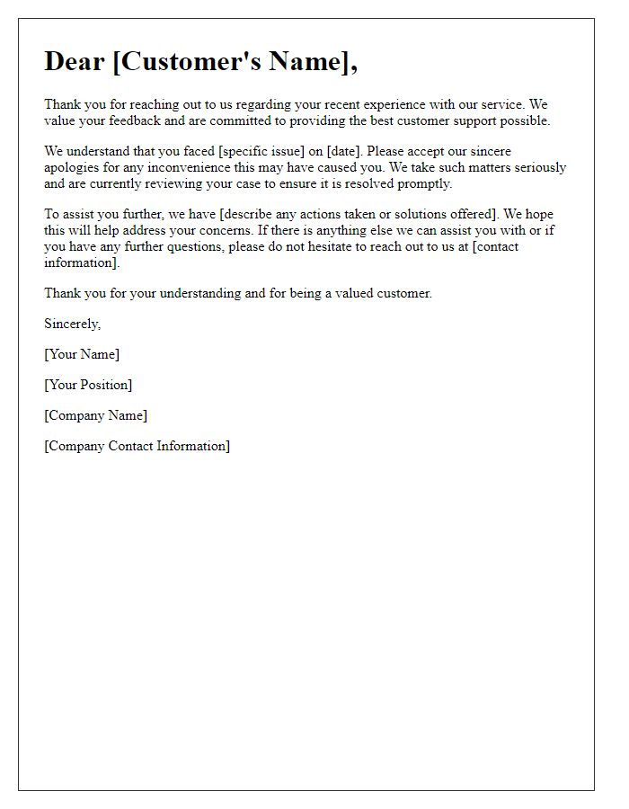 Letter template of Customer Service Issue Response