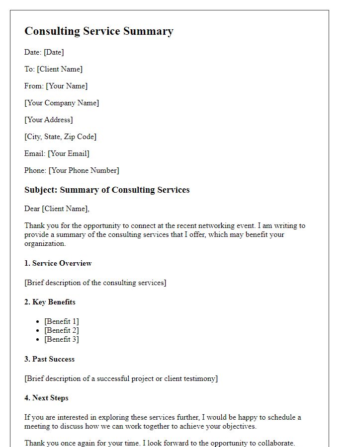 Letter template of consulting service summary for networking events