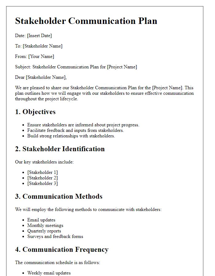 Letter template of Stakeholder Communication Plan