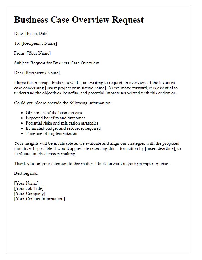 Letter template of business case overview request