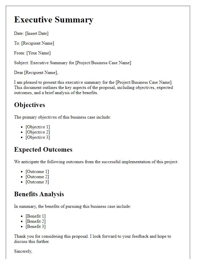 Letter template of executive summary for business case