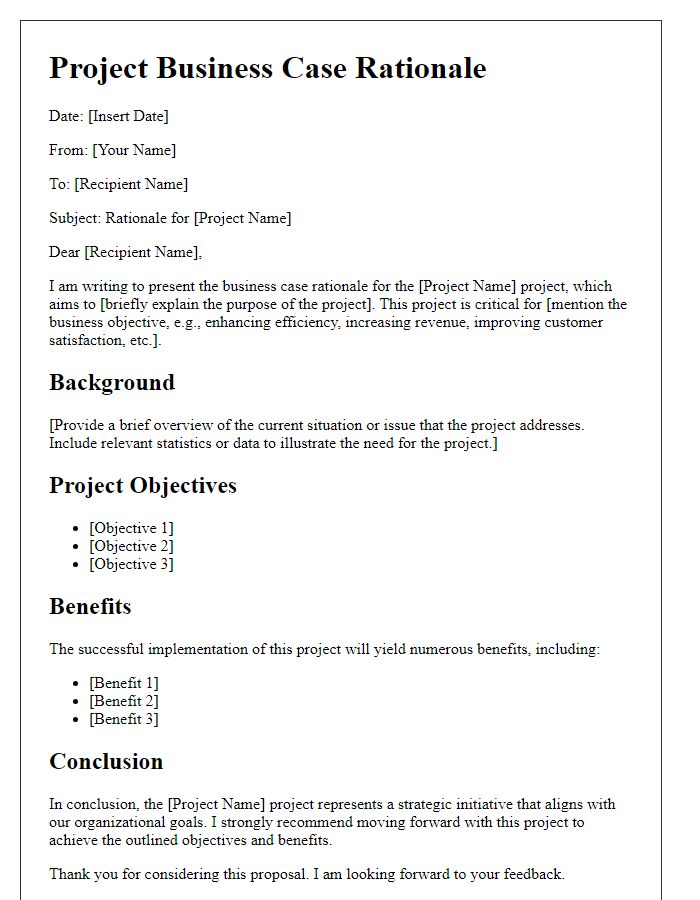 Letter template of project business case rationale