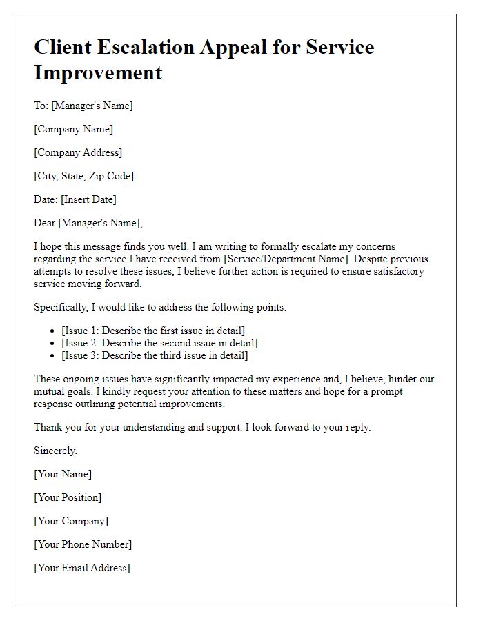 Letter template of client escalation appeal for service improvement