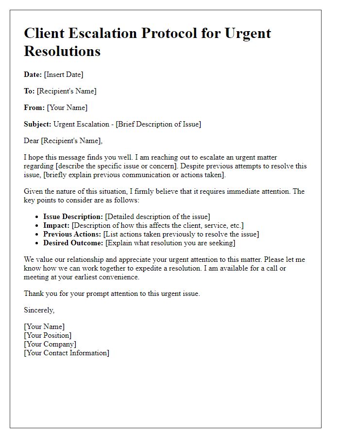 Letter template of client escalation protocol for urgent resolutions