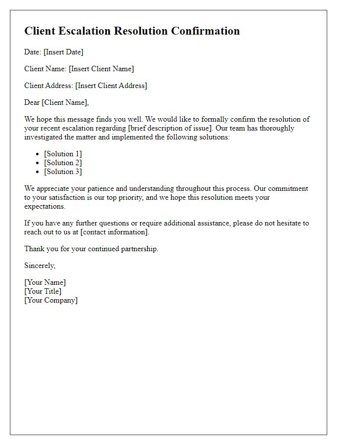 Letter template of client escalation resolution confirmation