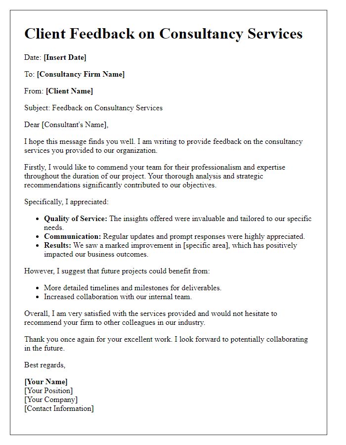 Letter template of client feedback for consultancy services.