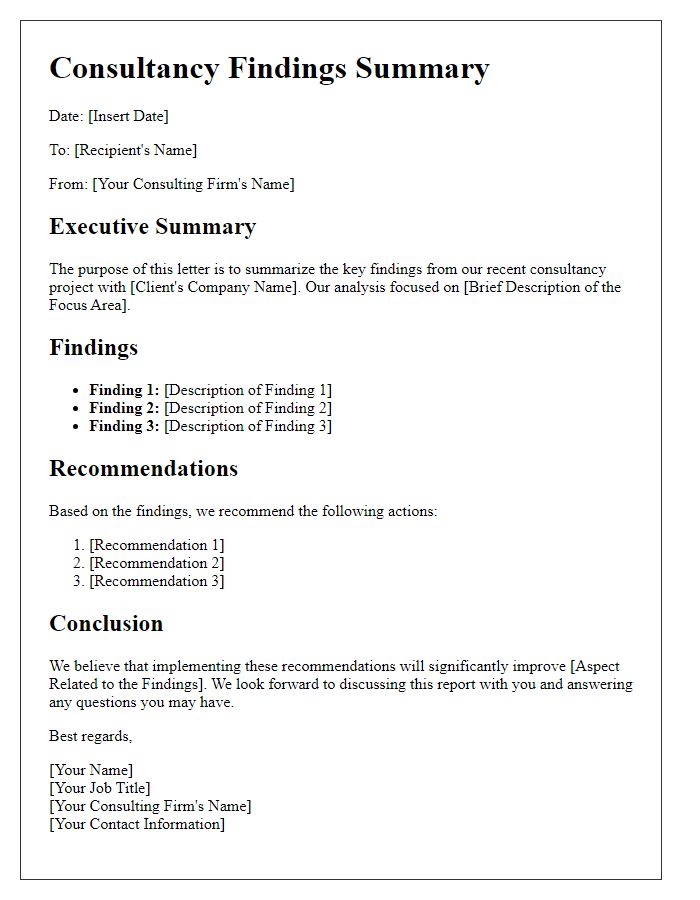 Letter template of consultancy findings summary.