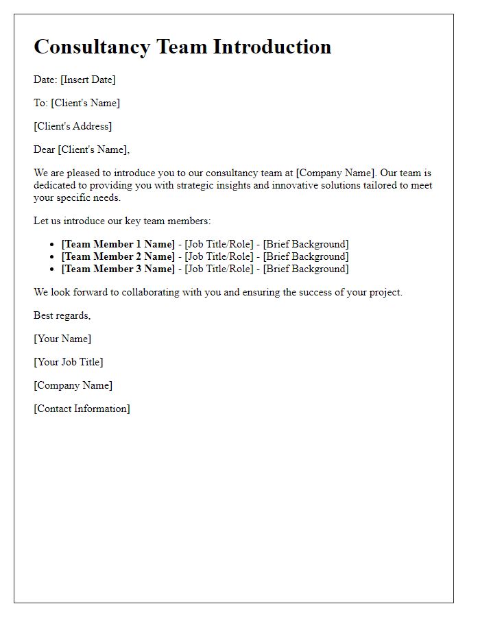 Letter template of consultancy team introduction to the client.