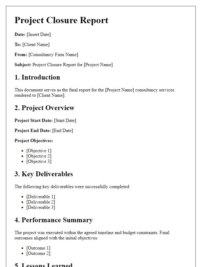 Letter template of project closure report for consultancy services.