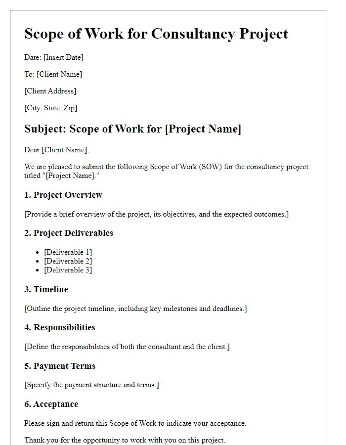 Letter template of scope of work for consultancy project.