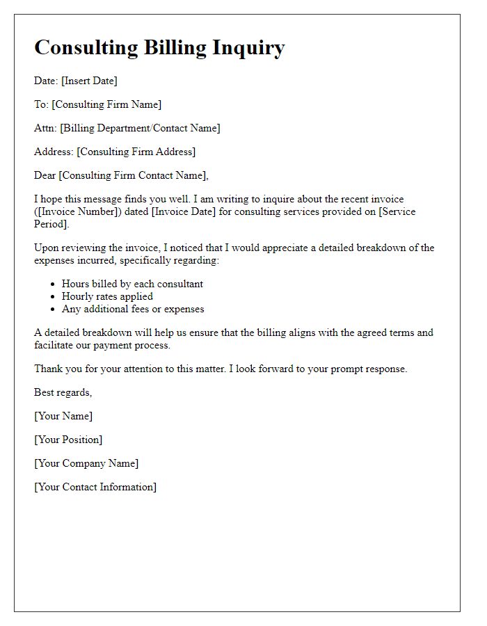 Letter template of consulting billing inquiry for detailed expense breakdown