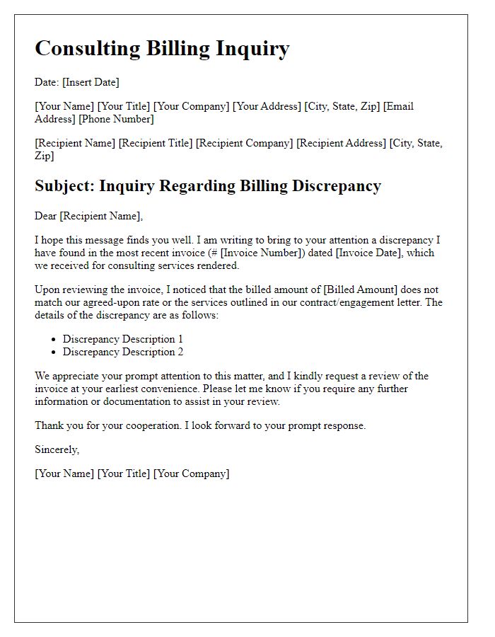 Letter template of consulting billing inquiry for discrepancy