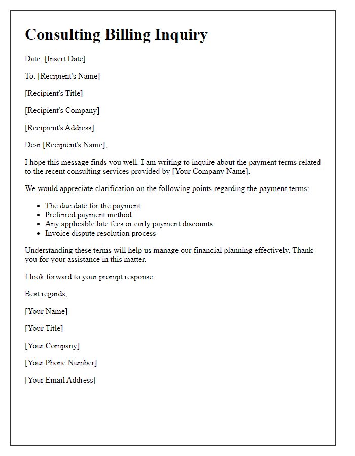 Letter template of consulting billing inquiry for payment terms explanation