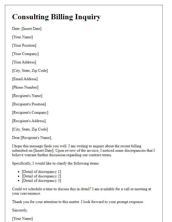 Letter template of consulting billing inquiry regarding contract compliance