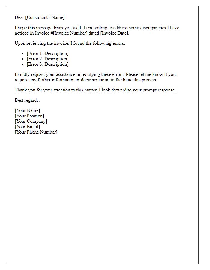 Letter template of consulting billing inquiry related to invoice errors