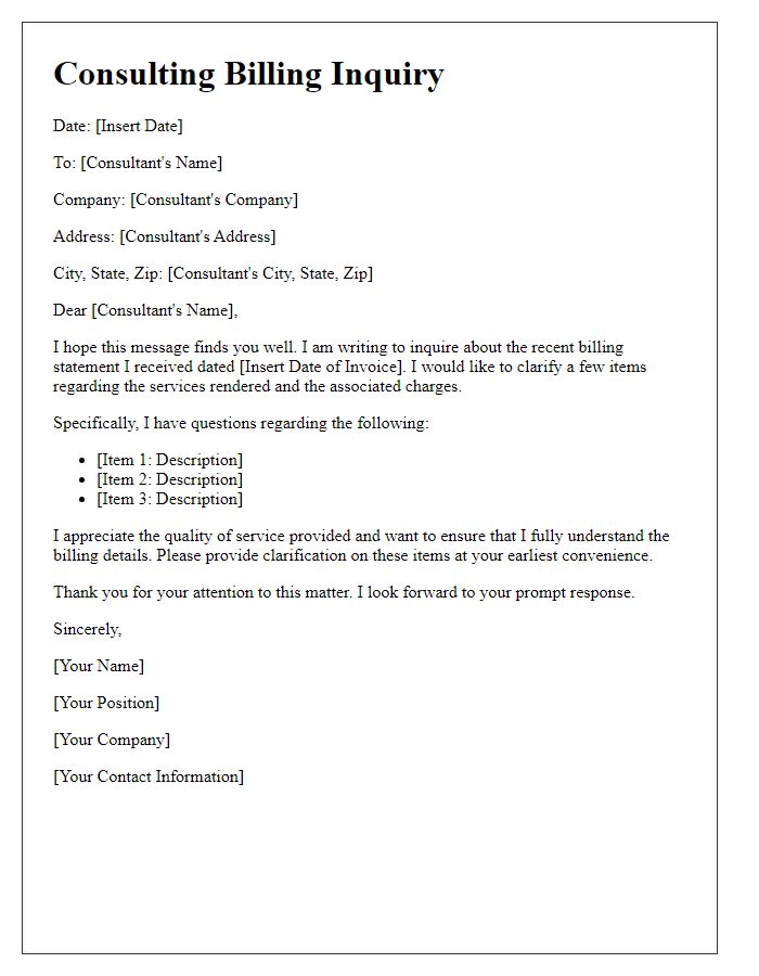 Letter template of consulting billing inquiry for service clarification