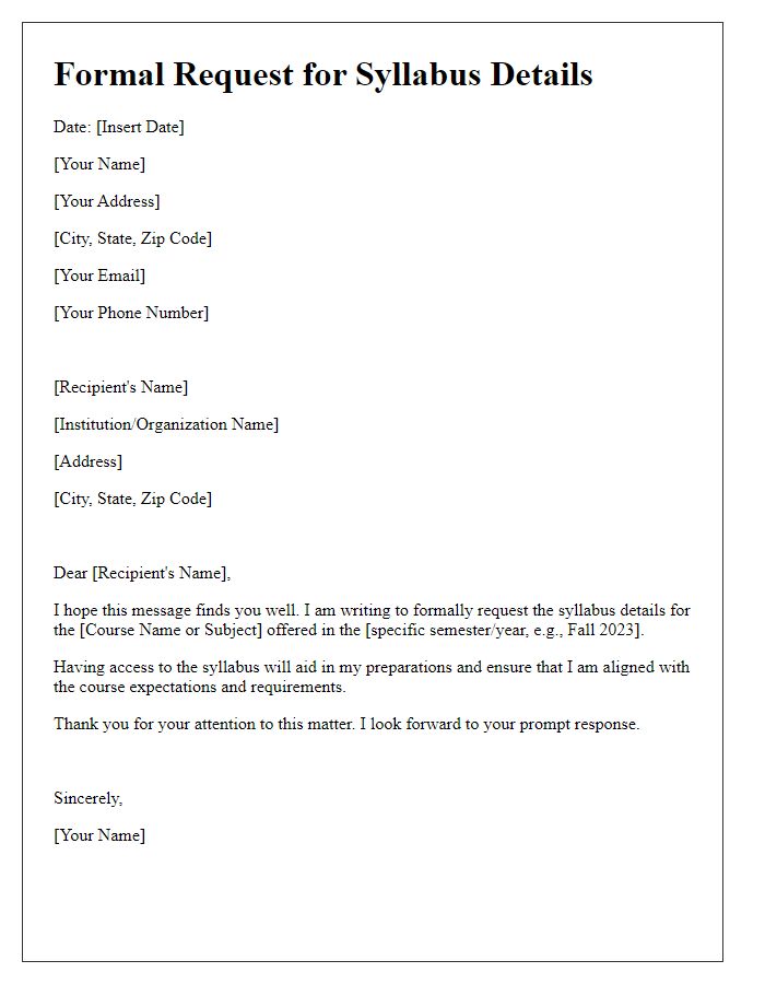 Letter template of formal request for syllabus details