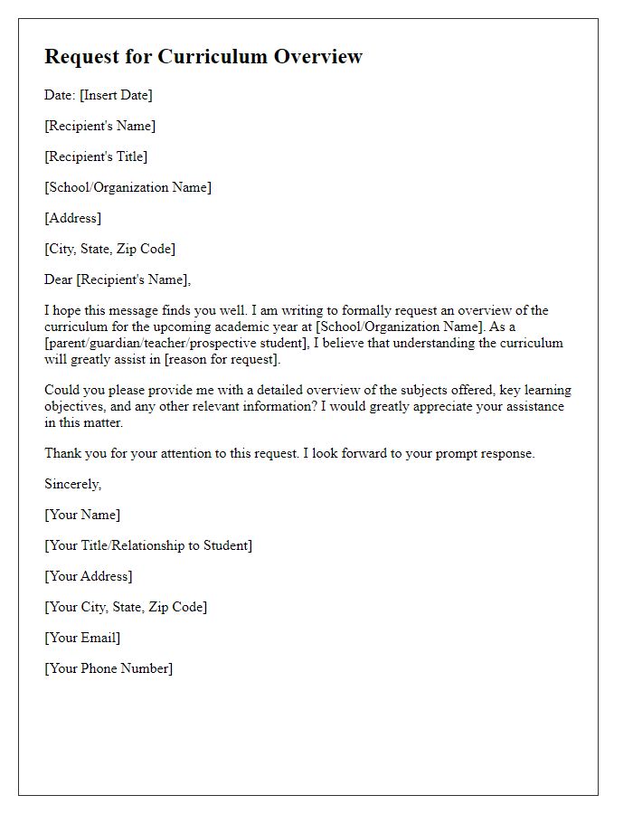 Letter template of request for curriculum overview