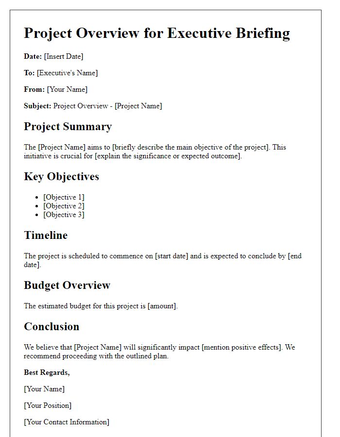 Letter template of concise project overview for executive briefing