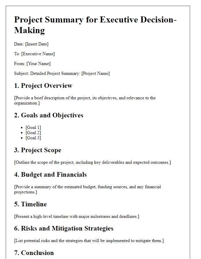 Letter template of detailed project summary for executive decision-making